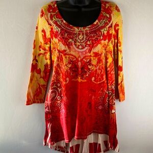 One world size, small tunic knit top beaded with orange and yellow colors